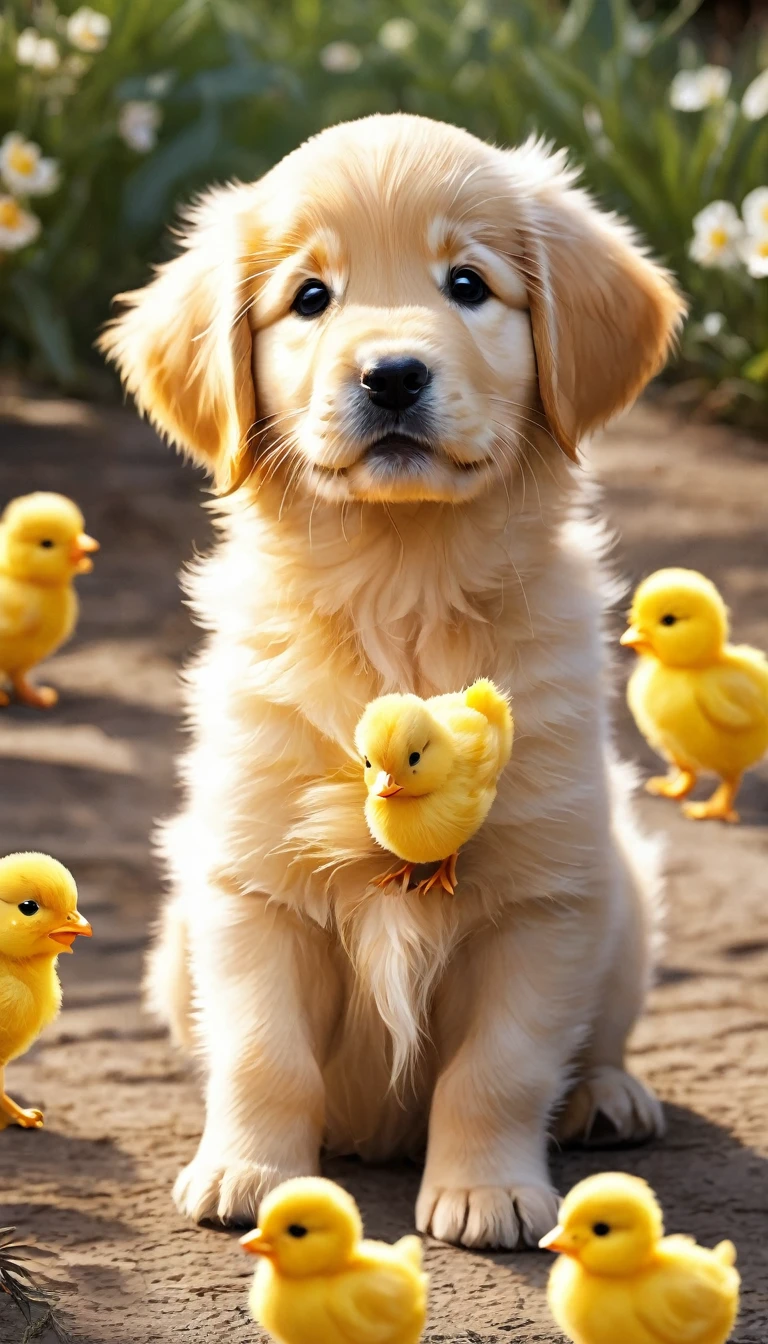 i want to draw an image of a golden retriever puppy who is happy to receive a yellow chick doll, golden retriever, puppy, chick, doll, yellow, similar in size, toy, attachment, play, friendship, love, precious, happy, cute, cuddly, soft, adventure, exploring, curious, active, peaceful