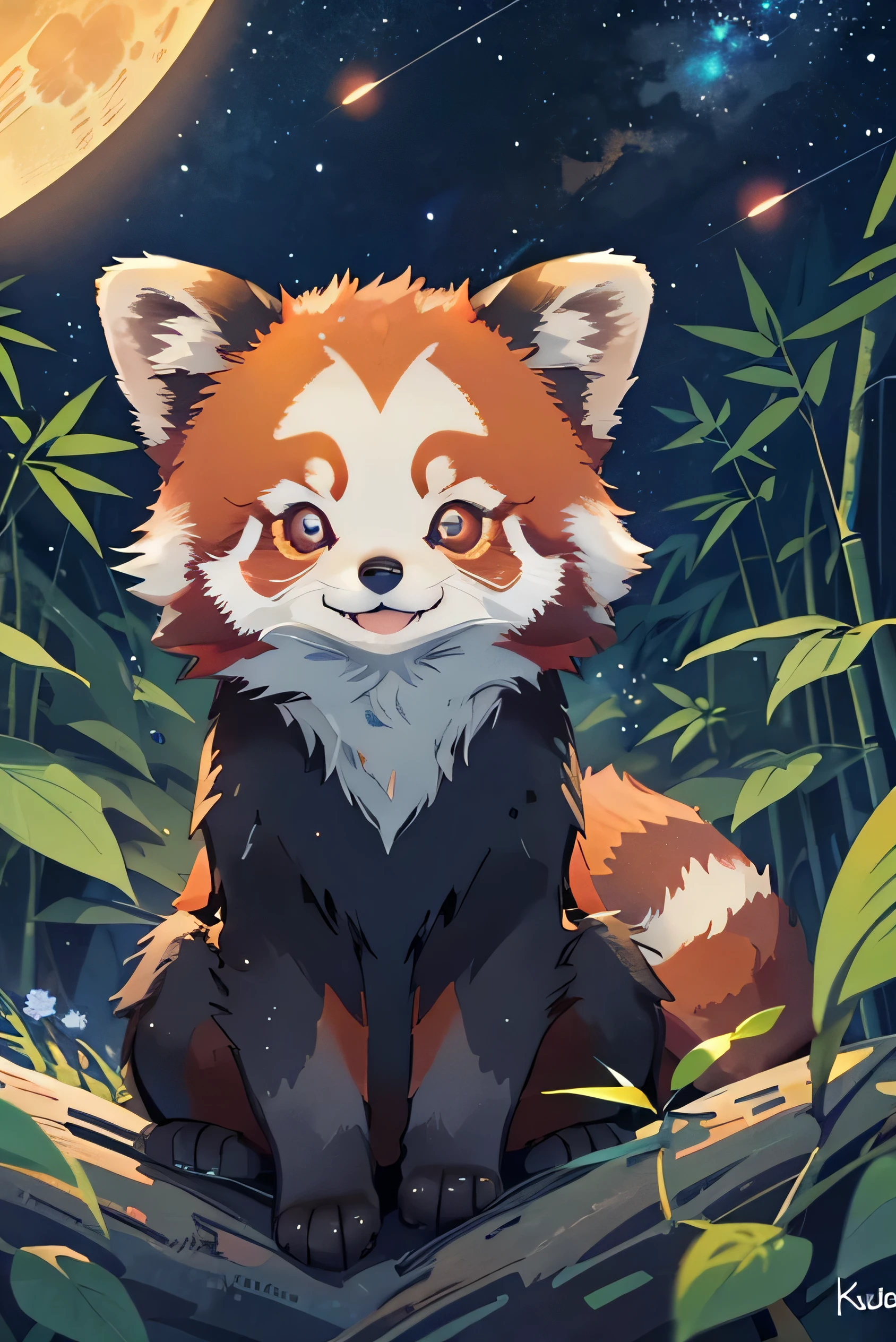 a close up of a red panda sitting on a hill under a starry sky in a bamboo forest, vector art by Kubisi art, tumblr, stars in her gazing eyes, night starry sky full of stars, dark and stars in the background, in outer space, moon, star pupils, short ears, looking at viewer 