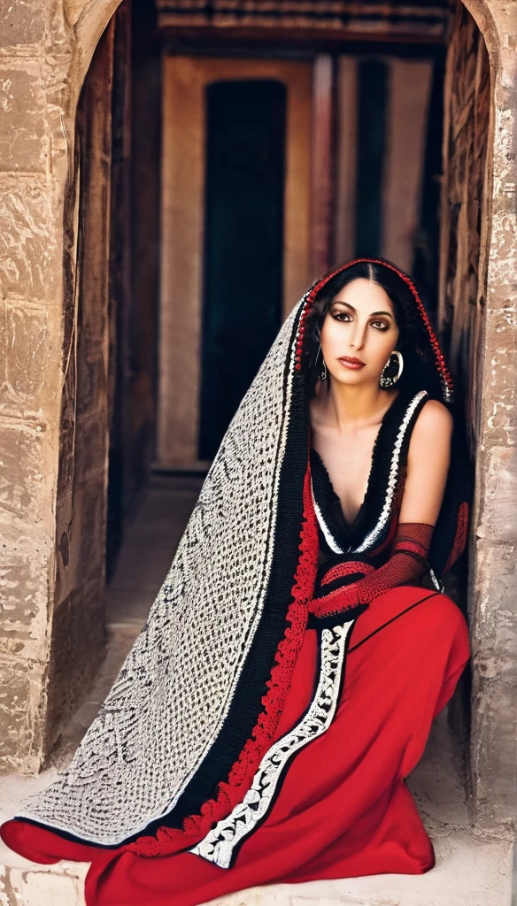 Femme mature ( 30 ans), égyptienne, corps provoquant, très sexy , a l'Égypte antique, avec une très forte poitrine, a la peau de serpent, dans un temple égyptien, porte une robe rouge et maron couleur sable, moule le corps, vêtements transparent, femme avec de long cheveux raide noirs orné de nombreux bijoux, la femme est très enceinte de serpent, sa poitrine est gonflé de lait, la femme a des crochets de serpent visible lorsqu'elle sourit, la femme a des yeux doré a pupilles reptilienne, la femme et une femme serpentz
