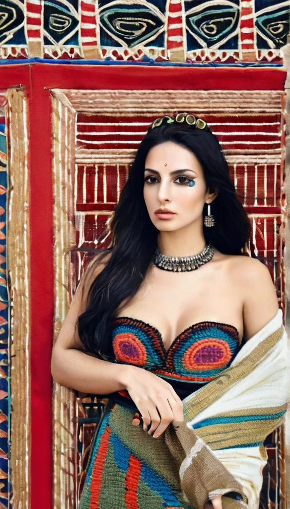 Femme mature ( 30 ans), égyptienne, corps provoquant, très sexy , a l'Égypte antique, avec une très forte poitrine, a la peau de serpent, dans un temple égyptien, porte une robe rouge et maron couleur sable, moule le corps, vêtements transparent, femme avec de long cheveux raide noirs orné de nombreux bijoux, la femme est très enceinte de serpent, sa poitrine est gonflé de lait, la femme a des crochets de serpent visible lorsqu'elle sourit, la femme a des yeux doré a pupilles reptilienne, la femme et une femme serpentz