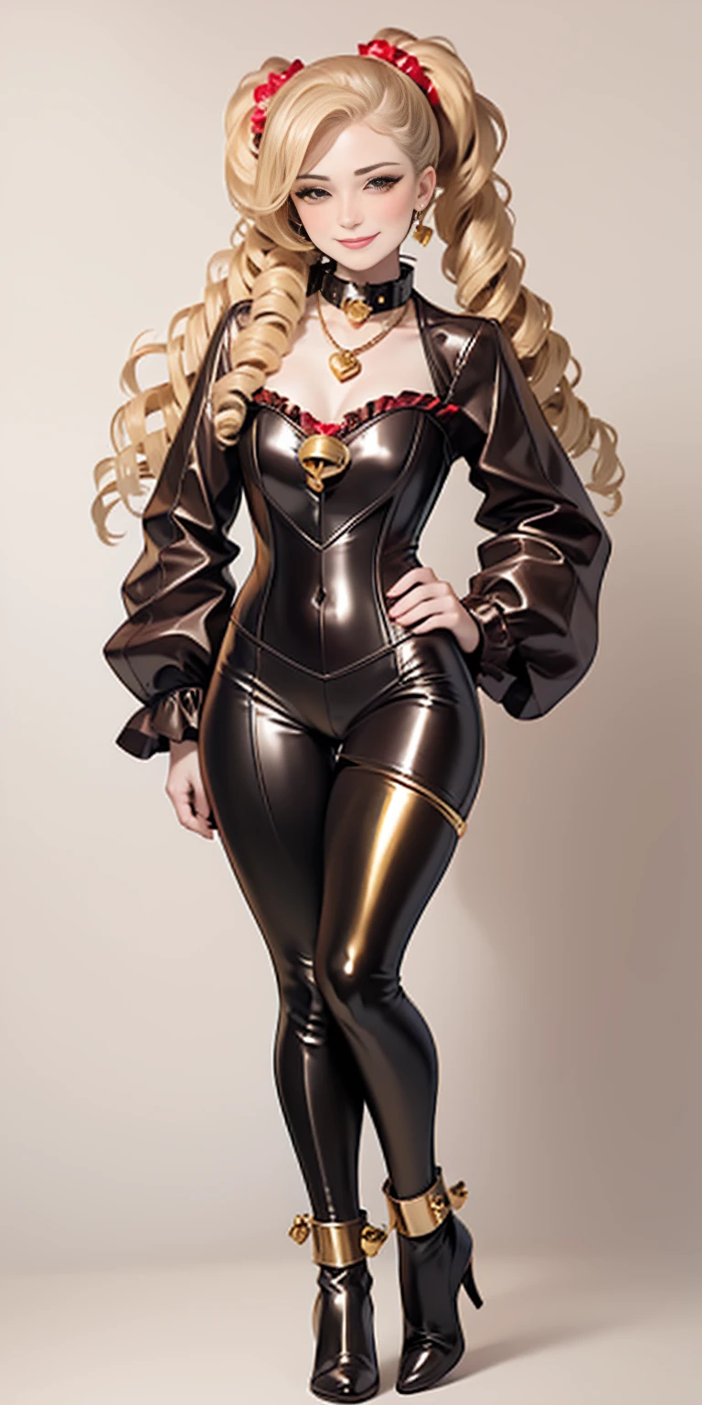 1solo Milf full body standing straight symmetrical, looking at viewer, hands on hips, twin drills twintails, striped pantyhose, golden handcuffs on their hands with a black leather collar around the golden heart necklace and black leather choker with golden bell, hands on hips, lustful smirking smile face red blushed