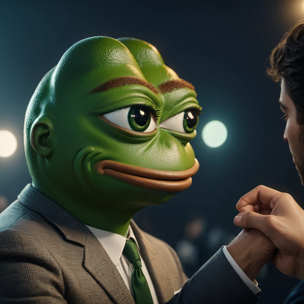 pepe the frog,frog humanoid character,shaking hands,business partner,detailed facial features,highly detailed,photorealistic,8k,hyper detailed,award winning lighting,cinematic lighting,dramatic lighting,incredible hyperrealistic details,exquisite detailed texture,highly realistic,meticulously detailed,sophisticated texturing,natural skin tones,vivid colors,seamlessly blended,award winning3D rendering,professional3D illustration,stunning realism,masterpiece