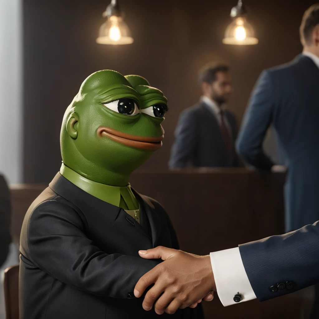 pepe the frog,frog humanoid character,shaking hands,business partner,detailed facial features,highly detailed,photorealistic,8k,hyper detailed,award winning lighting,cinematic lighting,dramatic lighting,incredible hyperrealistic details,exquisite detailed texture,highly realistic,meticulously detailed,sophisticated texturing,natural skin tones,vivid colors,seamlessly blended,award winning3D rendering,professional3D illustration,stunning realism,masterpiece
