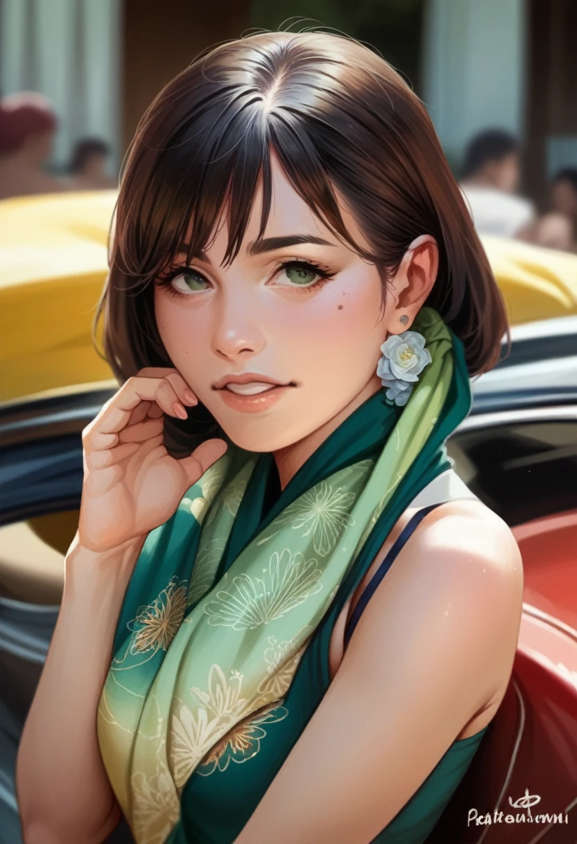 (high-school sweater:1.2), (innocent and classy girl:1.2), (high-ponytail Hairstyle, brown-hair), Medium short hair, Very Detailed Face and Skin Texture, Detailed Eyes, Double eyelids, Pale Cheeks, Glossy skin, wet eyes:1.2, shiny little neckless and earrings, Glossy Lips: 1.4, Fair Skin:1.2, (from above distance: 1.2)), Big boob, (embarrassed smile:1.2), (looking at the beholder), (small mouth:1.1), (armpits with front of car:1.2), sunglasses on head,