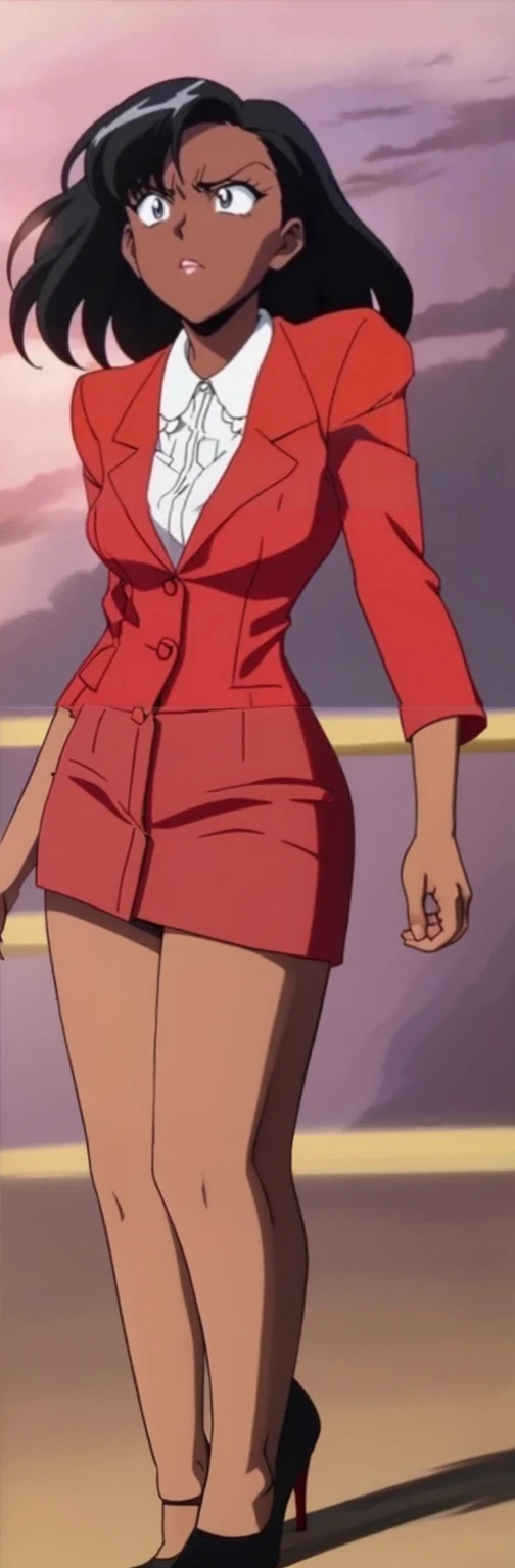 EVIL BLACK BUSINESS WOMAN WEARING A BLOUSE WITH A RED SKIRT SUIT 90s ANIME ARTSTYLE WITH RED HEELS FULL BODY WEARING A KNEE LONG RED SKIRT WHILE SITTING