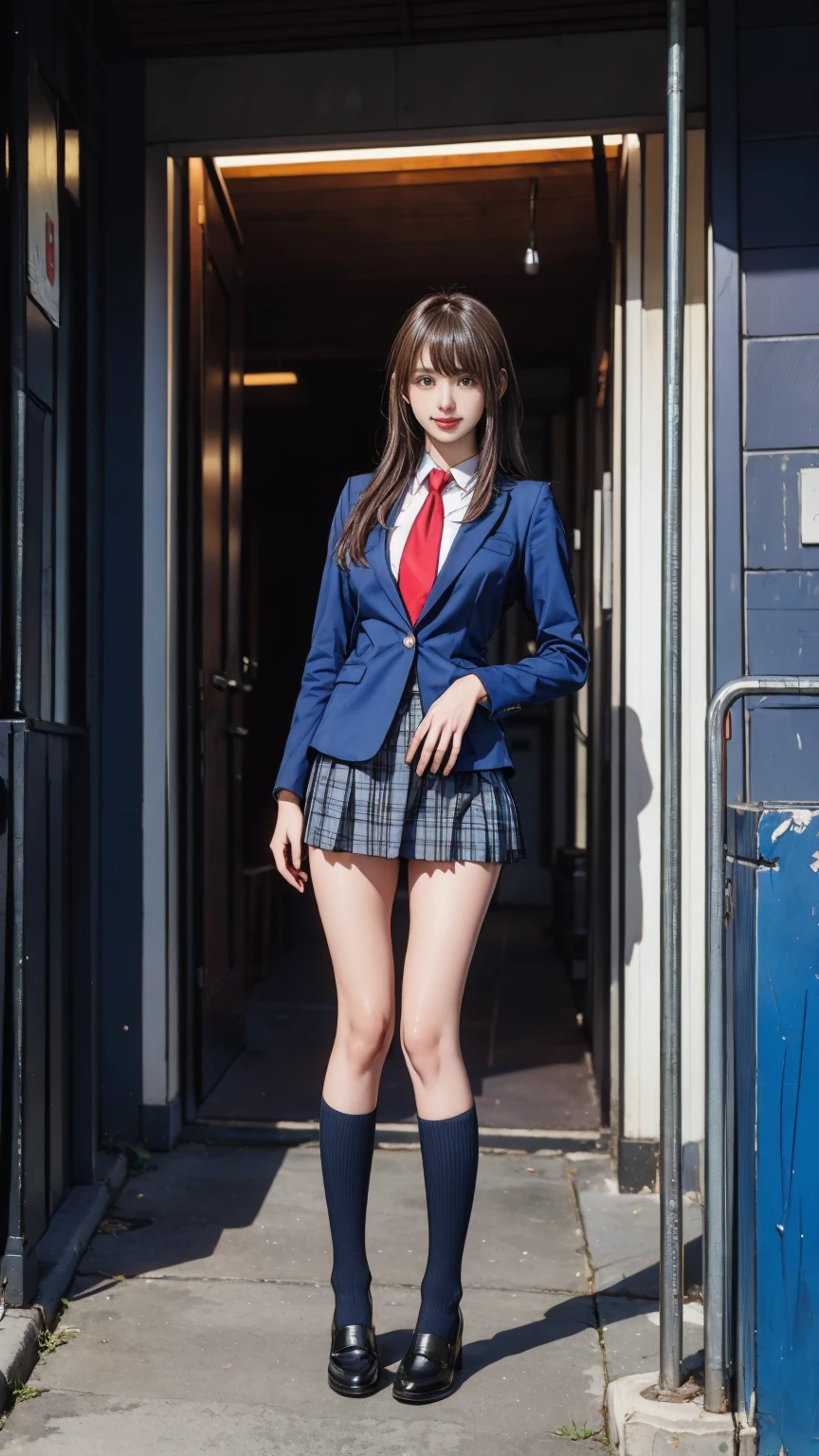 ((masterpiece)),(((Highest quality))),Thin thighs,Long legs,Girl standing in school corridor,Red Tie Uniform,Dark Blue Blazer,Blue plaid skirt,18-year-old,bangs,A small smile,Random Pause,pretty girl,Slender girl,セクシーRandom Pause:1.2