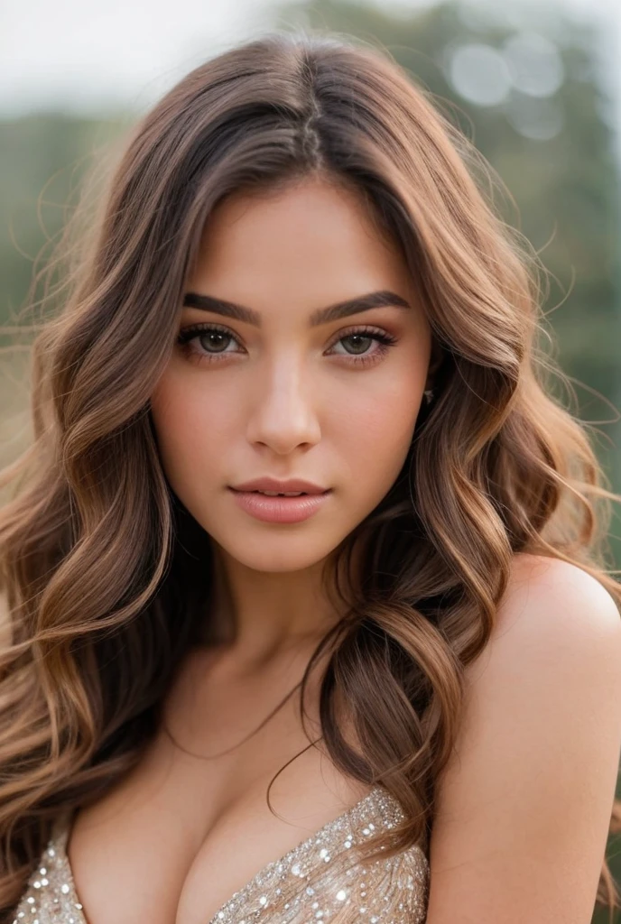 gorgeous sweet angelical woman face in an important event wearing fancy clothes, high quality, human looking, sexy, amazing face, wavy hair, model, photorealistic