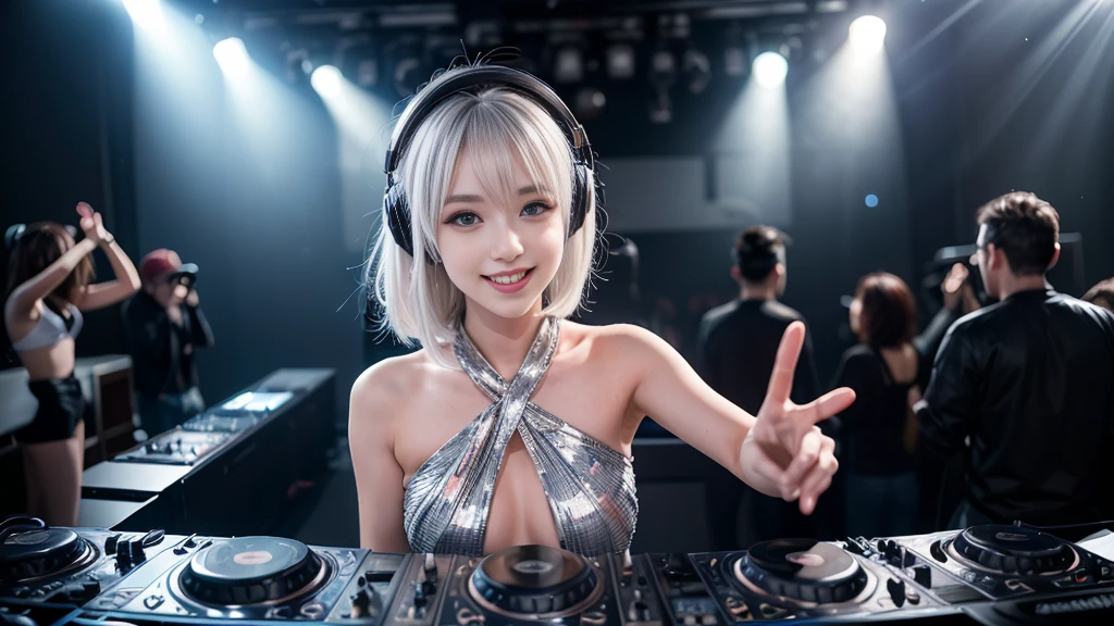 (ultra - detailed, 16K resolution, Cinema lenses, rendering by octane), (high resolution:1.18), intricate detail, (masterpiece:1.1), (highest quality:1.1), (1girl, portrait, white hair, blue eyes, short hair, detailed eyes),Wearing silver DJ headphones, Shiny silver sequined T-shirt, (Iconic hip-hop pop costumes:1.3), Smile while DJing on stage, full body shot of, The spotlight shines on the female DJ. Photorealistic photography by Disco Lighting, (cute round face:1.3), perfect fingers, five fingers, beautiful hands, perfect hands. master peace, cute smile.