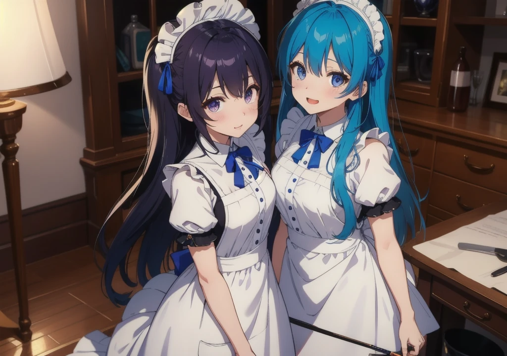 masterpiece, best quality,(fancy), (delicate eyes and face), volumetric lighting, ray tracing, Highly detailed CG Unity 8k wallpaper, Remlin, blue hair, hair above one eye, medium chest, maid, purple ribbon, maid headdress, roswaal mansion maid uniform, white apron, separated sleeves, (looking at viewer:1.1), dehisce, laugh, yandere trance, yandere, touch one's face, Put your hand on your own cheek, dark background,