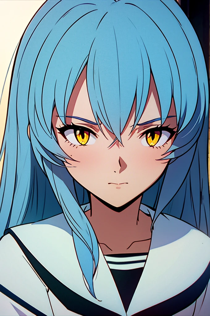a girl,serafuku,light blue hair,long hair,yellow eyes