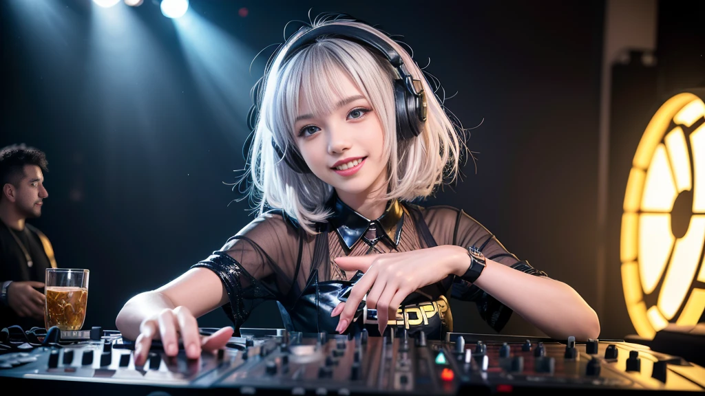 (ultra - detailed, 16K resolution, Cinema lenses, rendering by octane), (high resolution:1.18), intricate detail, (masterpiece:1.1), (highest quality:1.1), (1girl, portrait, white hair, blue eyes, short hair, detailed eyes),Wearing silver DJ headphones, Shiny silver sequined T-shirt, (Iconic hip-hop pop costumes:1.3), Smile while DJing on stage, full body shot of, The spotlight shines on the female DJ. Photorealistic photography by Disco Lighting, (cute round face:1.3), perfect fingers, five fingers, beautiful hands, perfect hands. master peace, cute smile.