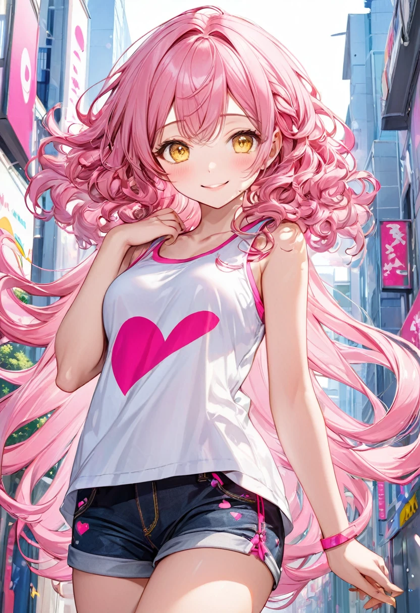 (pink style) (in a cute Tank top, Hot pants), (solo:2, 15 yo, curly:1.3 pink hair long hair lovely girl, cute yellow eyes, love smile), in the pop city, BREAK, perfect anatomy, masterpiece, best quality, 16k, beautiful detailed grow, daydreaming expression.