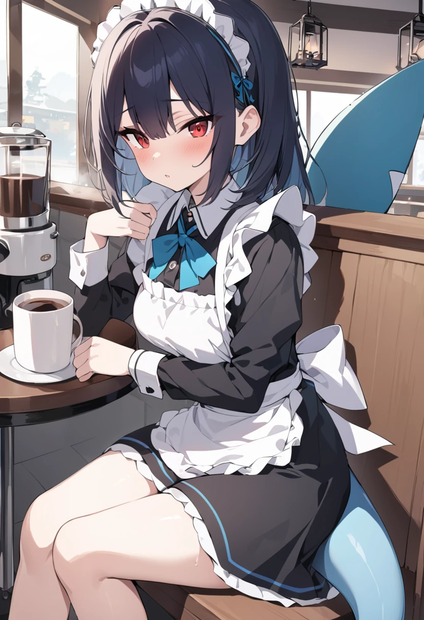 （masterpiece：1.2），Best quality，Very detailed, high resolution，black，Red eyes，black的短发，black短发下盖着红色头发，Maid，sitting in café，Holding a cup of coffee，Cold，black油袜，Shark Tail