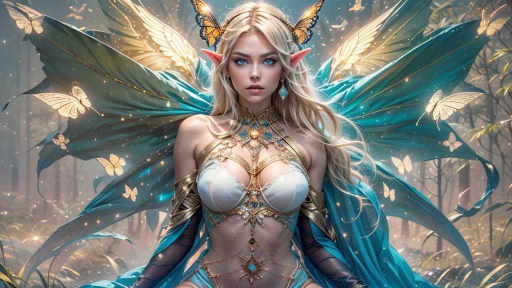 (Beautiful woman, detailed makeup, detailed facial features, Glowing blue eyes, seductive expression, blonde hair, large breasts:1.3, realistic elf ear, four fingers on each hand, detailed fingers, proportional hands, massive butterfly wings in the center of her back attached between the shoulder blades, detailed proportional body, thin body, toned muscles, sitting, detailed proportional legs, Spread legs, shaved legs), (silk bustier, scrunch thong, see through lace:1.3), (oak forest, calm lake, stary sky, moon light, fantasy setting, orbs), (golden ratio, Best Quality:1.4), (Ultra-detailed), (extremely detailed CG unified 8k wallpaper), (Highly detailed, RAW Photos, Professional Photography:1.4), plein air, Illumination, (Super fancy photos:1.4), (Dazzling light), Radiant Photography, depth of fields, 