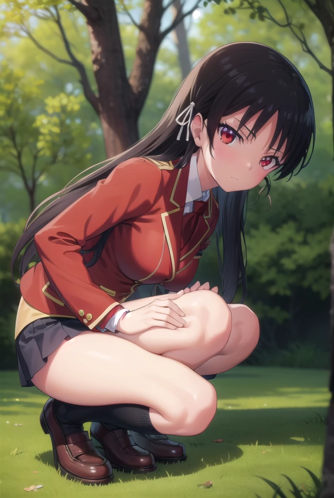 nsfw,Viewer Caution,suzune horikita, (Red eyes:1.3),Shade,Under the tree,in the forest,Show the whole body,front,squat,uniform,Red blazer,Hair Ribbon,Black knee-high socks,genital,genital丸見え