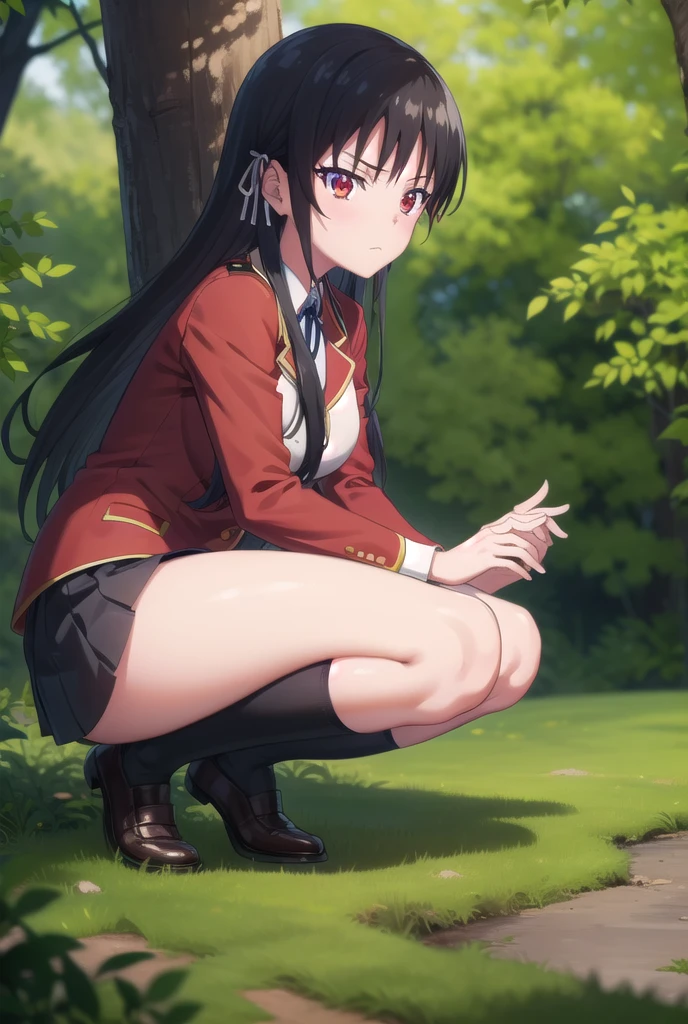 nsfw,Viewer Caution,suzune horikita, (Red eyes:1.3),Shade,Under the tree,in the forest,Show the whole body,front,squat,uniform,Red blazer,Hair Ribbon,Black knee-high socks,genital,genital丸見え