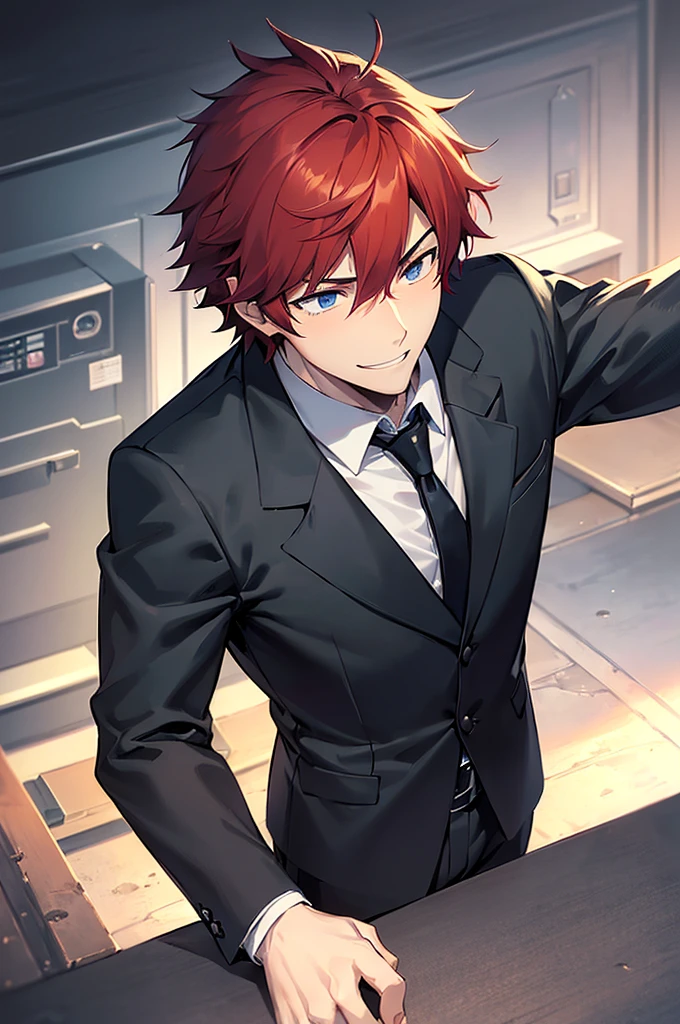 (confident young man, smirking, red hair, short hair, messy hair, blue eyes, black suit and black tie), (anime art, Makoto Shinkai), (4k, high detail), (masterpiece), (intricate detail)