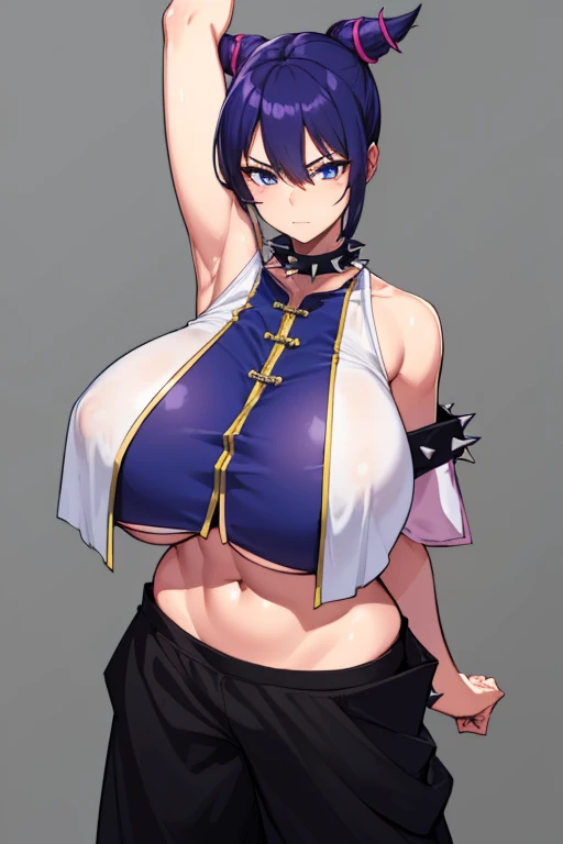 (1girl:1.4),(solo:1.4),(cowboy shot:1.4),An exceptionally stunning supermodel standing at 180cm tall,showcasing incredibly ultra long gorgeous legs,((SFW, gigantic sagging breasts, large breasts, gigantic breasts, sagging breasts:1.5)),(saggy tits:1.1),(sagging breast:1.1),(huge breasts:1.5),(tiny waist:1.1),(super tall:1.4),
BREAK , perfect hand,good hands,shimohirareika,shimohirareika3D,sexy pose,gravure pose,sweat,close up,arm up,arm at behind back,dof,sharp focus, hoshimachisuisei, suisei hoshimachi, blue eyes, blue hair, choker, hair between eyes, medium hair, side ponytail, star choker, juri han, asymmetrical hair, diagonal bangs, hair horns, medium hair, (photorealisic:1.4),Best Quality,Masterpiece,Highest resolution,Raw Photo,intricated nipple detail,Realistic Skin Detail,
BREAK (((black collar, chinese clothes, collar, crop top, navel, spiked collar, spikes, pants, baggy pants:1.2)))
