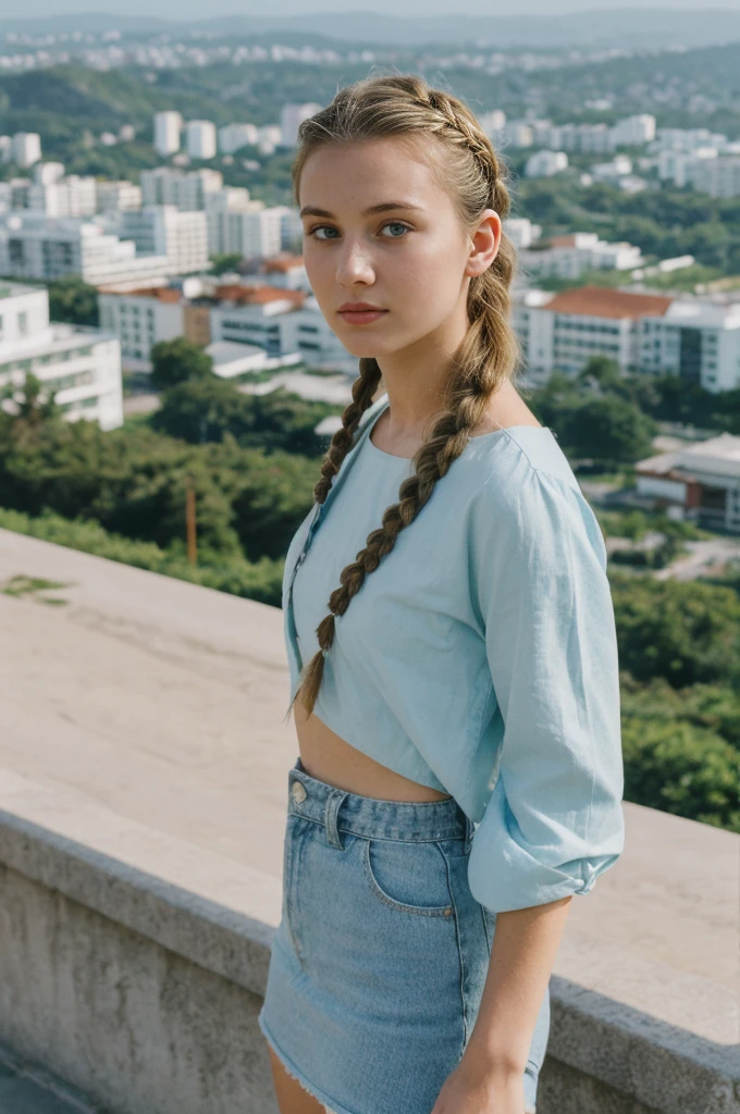 her name is Amelie, high quality, 1girl, ((20-year-old fit Caucasian woman)), ((20 years old)), ((fit)), ((Halo Braid)), pose: standing, wearing colored unique edgy Generation Z modern wear, BACKGROUND: On top of Sugarloaf Mountain, looking out over the city and the iconic Copacabana Beach