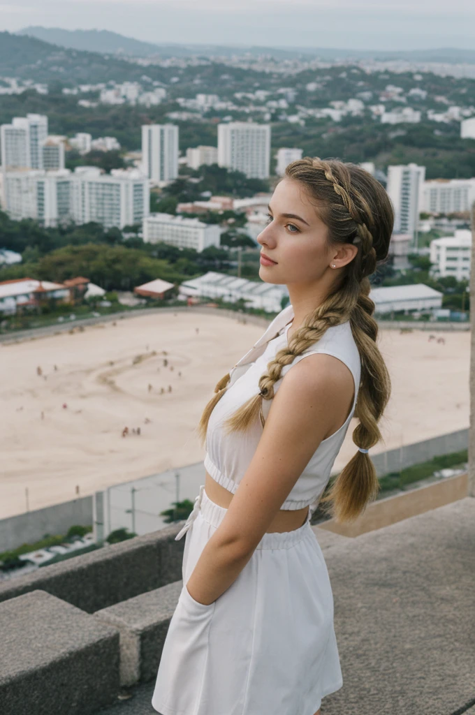 her name is Amelie, high quality, 1girl, ((20-year-old fit Caucasian woman)), ((20 years old)), ((fit)), ((Halo Braid)), pose: standing, wearing colored unique edgy Generation Z modern wear, BACKGROUND: On top of Sugarloaf Mountain, looking out over the city and the iconic Copacabana Beach