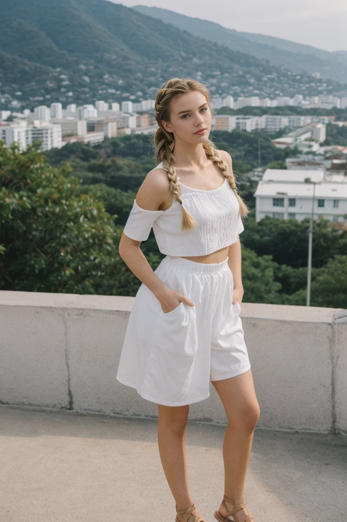 her name is Amelie, high quality, 1girl, ((20-year-old fit Caucasian woman)), ((20 years old)), ((fit)), ((Halo Braid)), pose: standing, wearing colored unique edgy Generation Z modern wear, BACKGROUND: On top of Sugarloaf Mountain, looking out over the city and the iconic Copacabana Beach