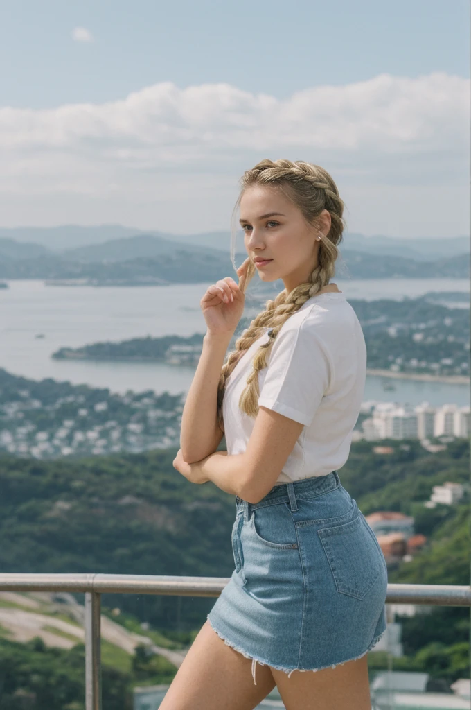 her name is Amelie, high quality, 1girl, ((20-year-old fit Caucasian woman)), ((20 years old)), ((fit)), ((Halo Braid)), pose: standing, wearing colored unique edgy Generation Z modern wear, BACKGROUND: On top of Sugarloaf Mountain, looking out over the city and the iconic Copacabana Beach