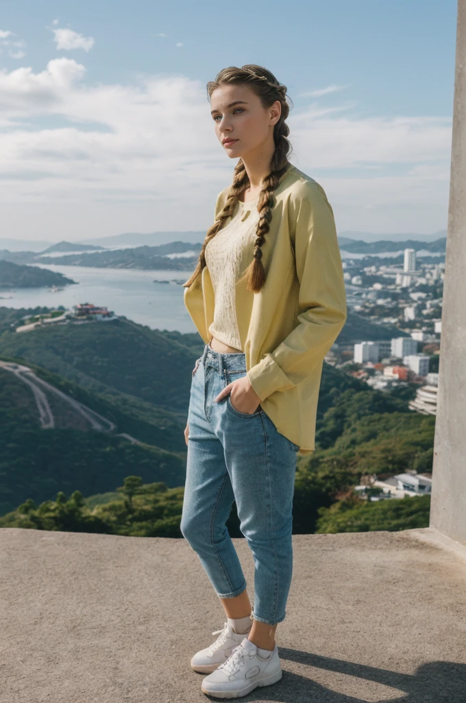 her name is Amelie, high quality, 1girl, ((20-year-old fit Caucasian woman)), ((20 years old)), ((fit)), ((Halo Braid)), pose: standing, wearing colored unique edgy Generation Z modern wear, BACKGROUND: On top of Sugarloaf Mountain, looking out over the city and the iconic Copacabana Beach