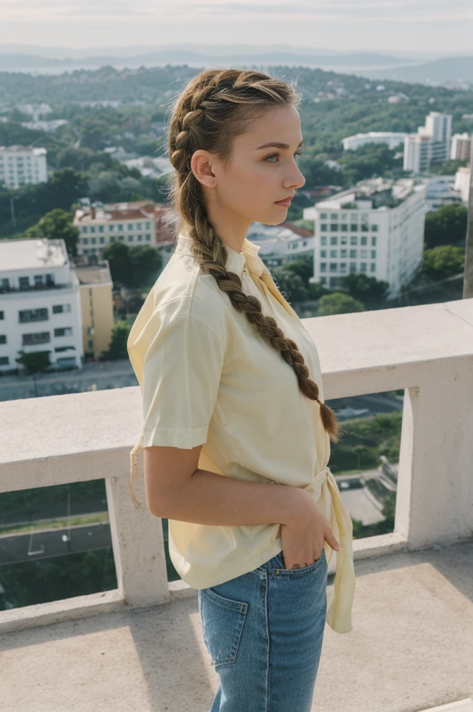 her name is Amelie, high quality, 1girl, ((20-year-old fit Caucasian woman)), ((20 years old)), ((fit)), ((Halo Braid)), pose: standing, wearing colored unique edgy Generation Z modern wear, BACKGROUND: On top of Sugarloaf Mountain, looking out over the city and the iconic Copacabana Beach