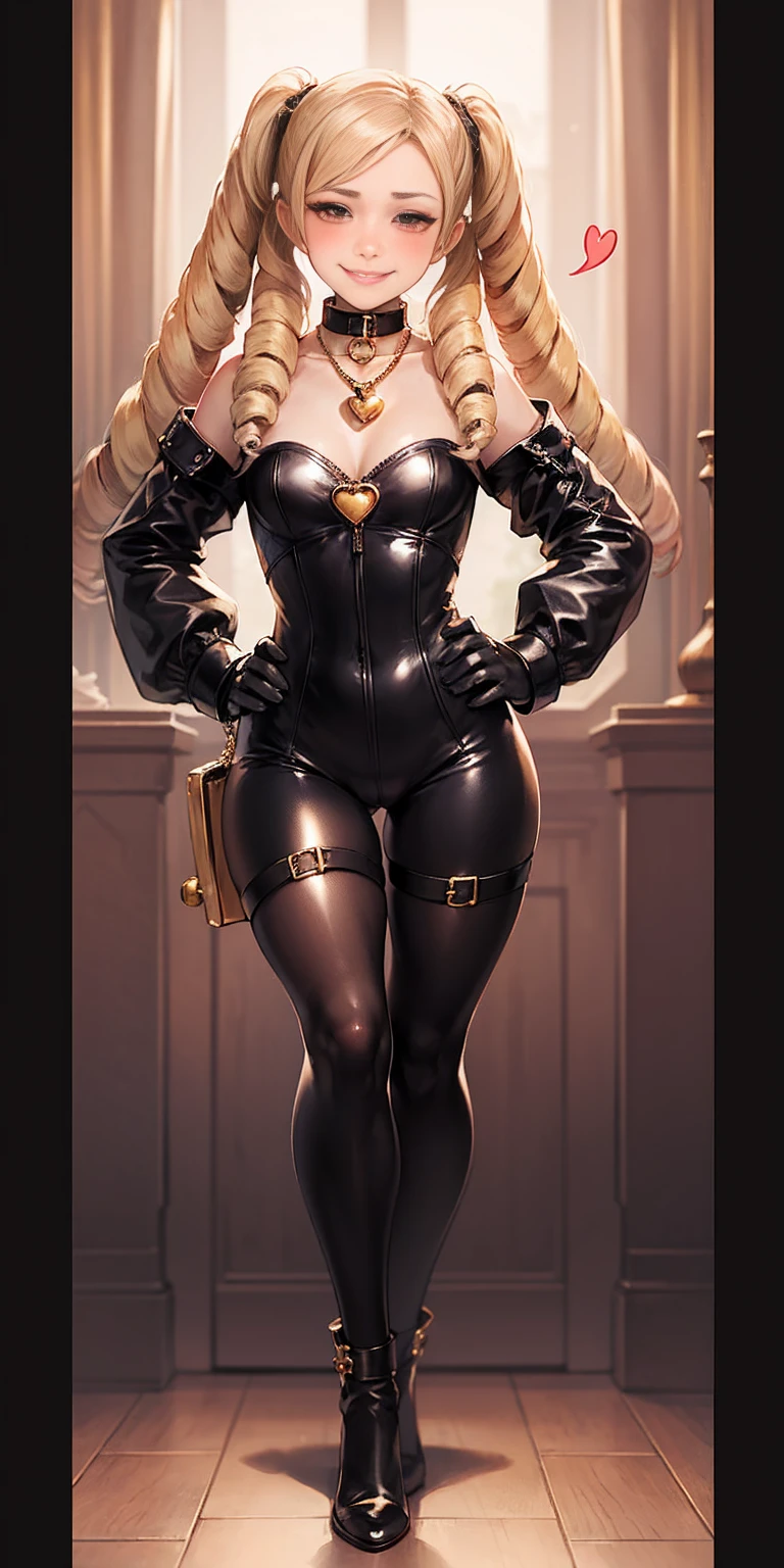 1solo Milf full body standing straight symmetrical, looking at viewer, hands on hips, twin drills twintails, striped pantyhose, golden handcuffs on their hands with a black leather collar around the golden heart necklace and black leather choker with golden bell, hands on hips, lustful smirking smile face red blushed