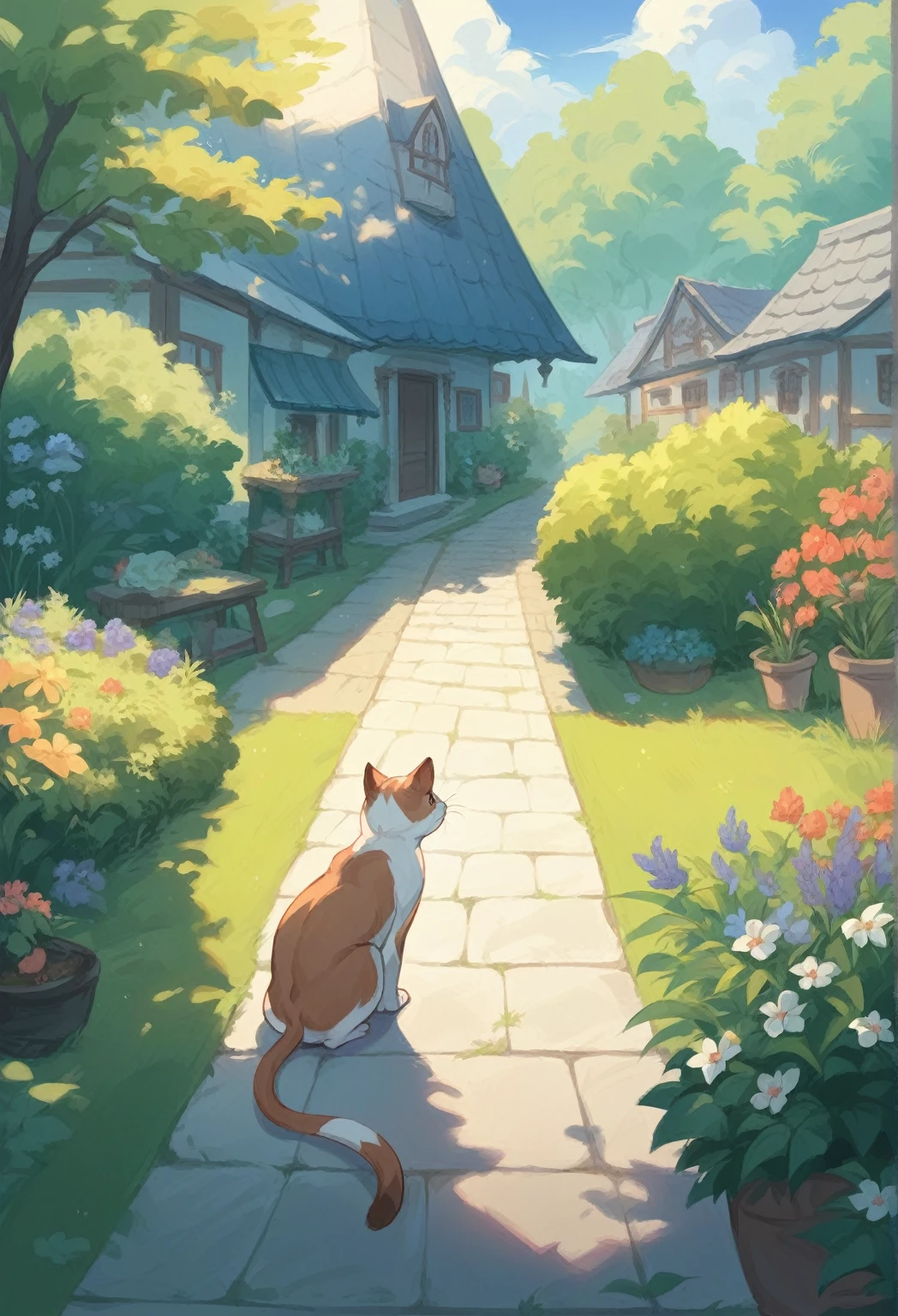 Scottish folding cat, adolable, trpical garden, lakeside, There are houses in the distance.((スタジオジブリ))
