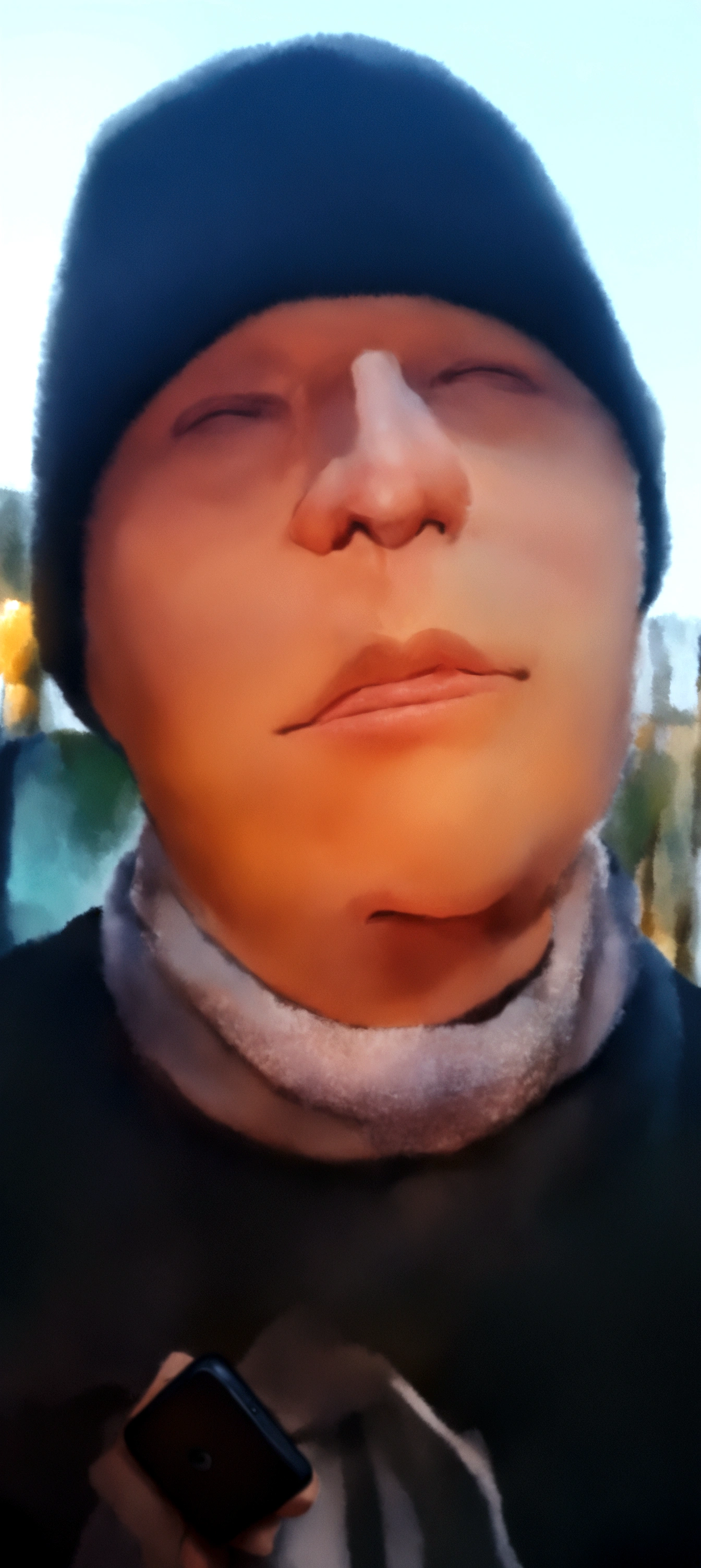 there is a man with a hat and scarf on holding a cell phone, detailed unblurred face, close up face, very very low quality picture, neck zoomed in from lips down, close up at face, portrait close up of guy, closeup shot of face, smooth chin, close up of face, wide chin, heavy grainy picture, small chin