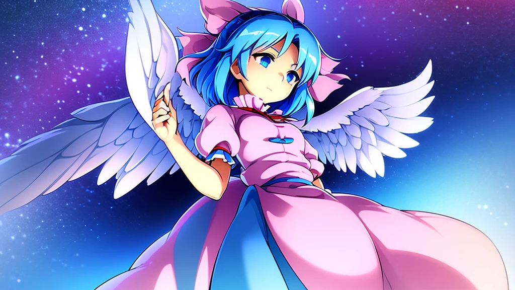 masterpiece, best quality, 1girl, , , 10 years old, medium blue hair, hair flaps, pink ribbon on head, well-formed face, blue eyes, angel girl, white blouse, puffy short sleeves, red ribbon, angel wings, long white skirt, red shoes, frills, ribbon head