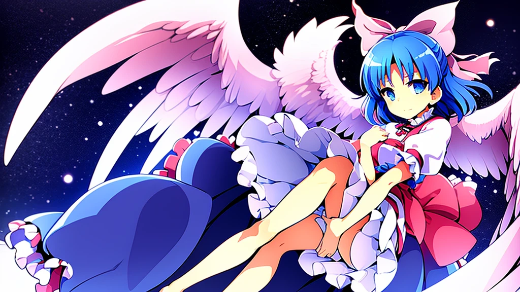 masterpiece, best quality, 1girl, , , , medium blue hair, hair flaps, pink ribbon on head, well-formed face, blue eyes, angel girl, white blouse, puffy short sleeves, red ribbon, angel wings, long white skirt, red shoes, frills, ribbon head