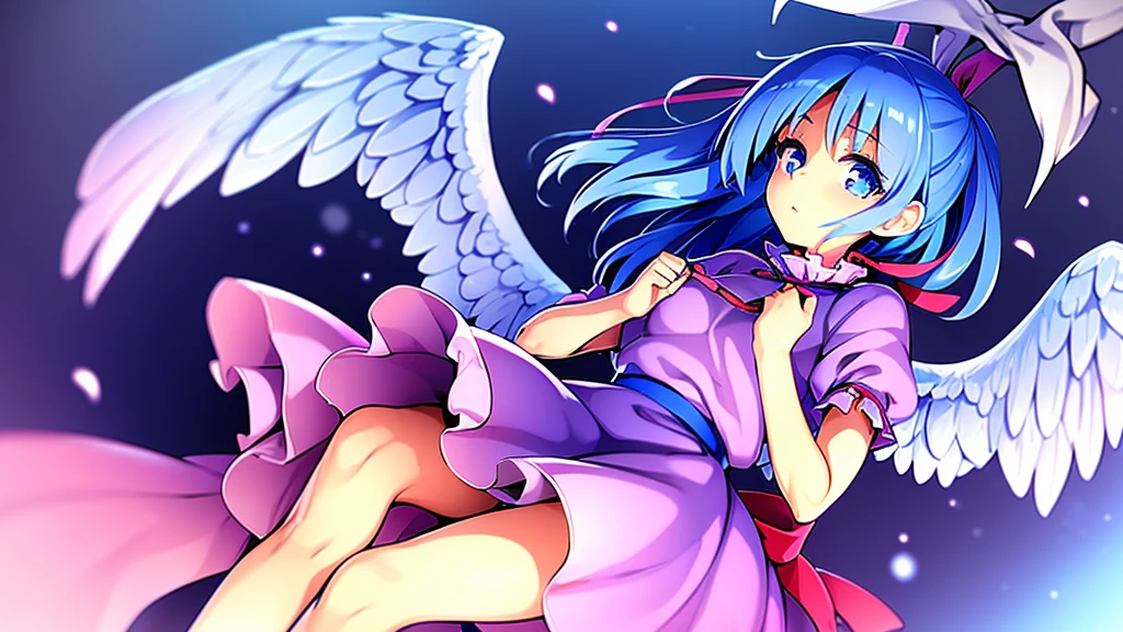 masterpiece, best quality, 1girl, , , 10 years old, medium blue hair, hair flaps, pink ribbon on head, well-formed face, blue eyes, angel girl, white blouse, puffy short sleeves, red ribbon, angel wings, long white skirt, red shoes, frills, ribbon head