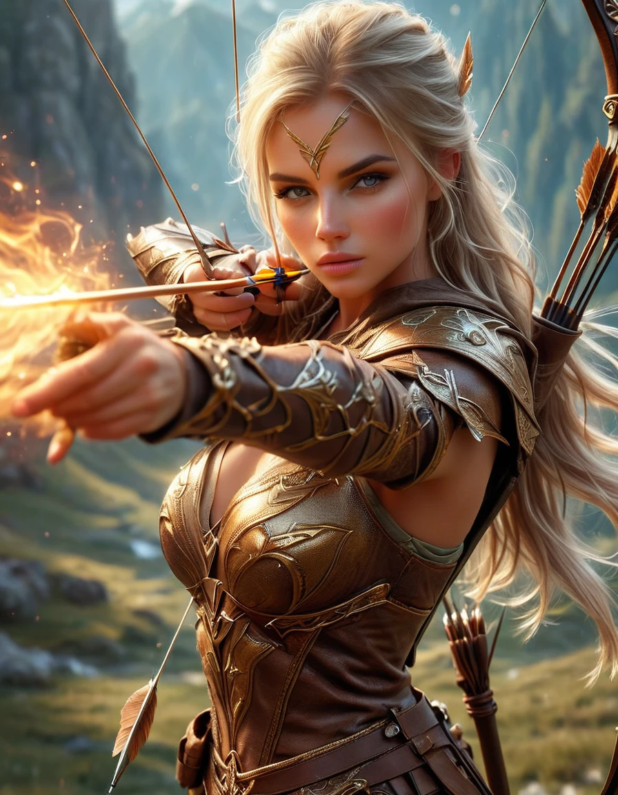 Surreal imagery, High quality ultra high definition 8K, 1 person, Detailed reality ((slim, high detail)), (muscular:1,2), ((tall model)), (Shoulder-length blonde hair), high detail realistic skin, ((Fantasy Archer, Wearing brown armor)), (((Fantasy golden bow weapon))) ((Magic light arrow, Spells)), True and vivid colors, permanent