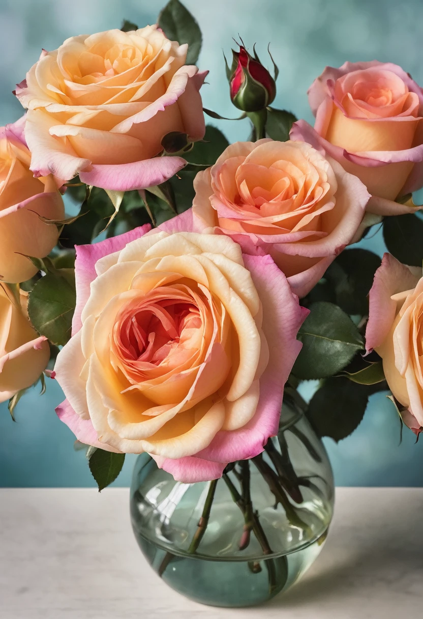 close-up of a roses on a vase table, colorized photograph inspired by Francois Bocquet, Shutterstock, photorealism, roses, multiple roses, incredibly realistic, roses, beautiful, beautiful flowers, bouquet, flowers!!!! , breathtaking realism, hyperrealistic, roses in cinematic light, decorative roses, pastel roses, stunningly realistic