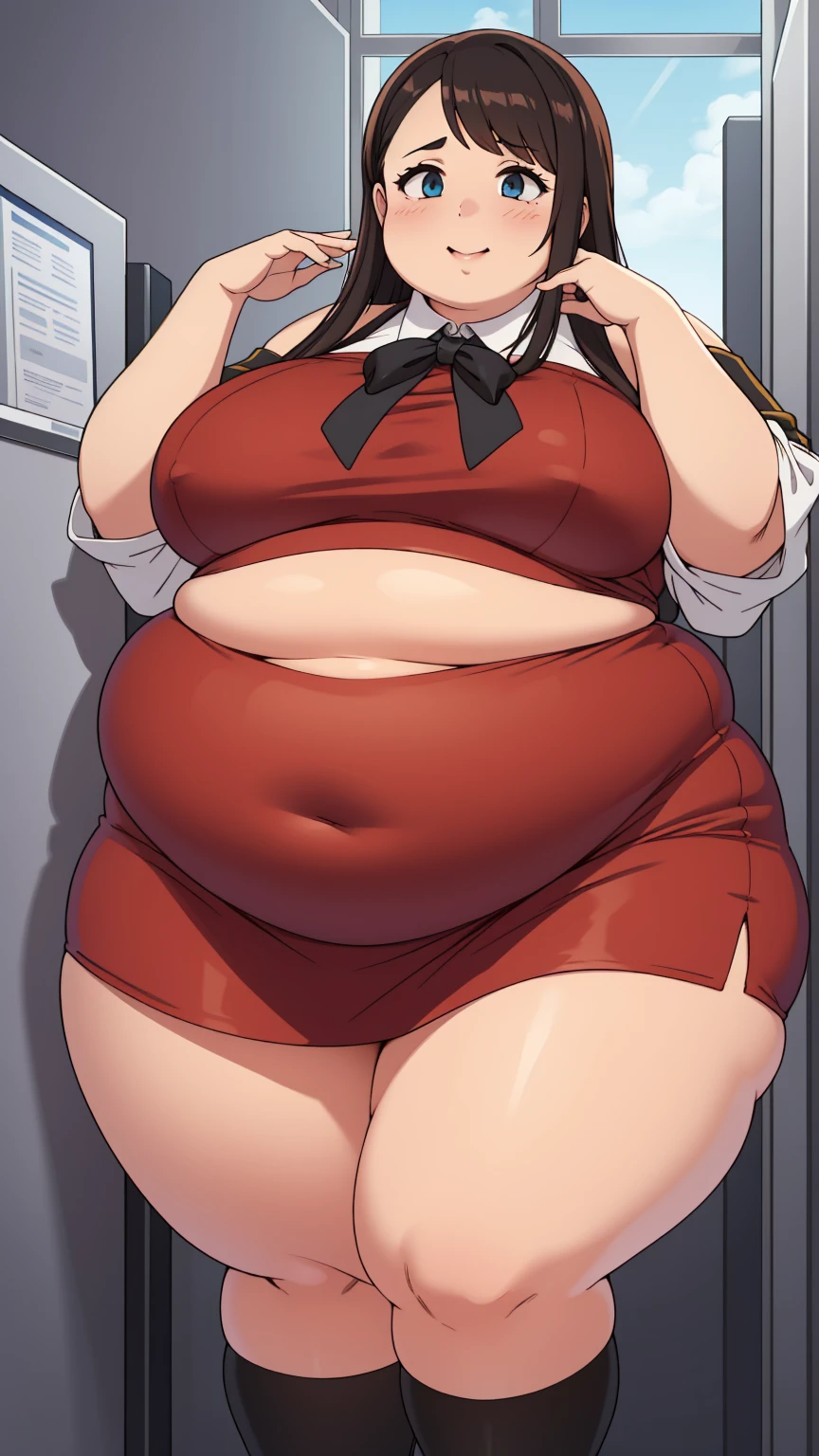 1girl, solo, (obese:1.0) in a modern office, office cubicles in background, wearing red dress, very tight dress, short skirt, fishnet stockings, suggestive sexy pose, Round face, double chin, fat chin, fat cheeks, fat neck, round face, SSBBW, flabby arms, round face, double chin, fat double chin, big double chin, fat neck, chubby cheeks, fat thighs, fat calves, morbidly obese, flabby , giant , large belly, obese, fat face, belly, double chin, obesity, flabby breasts, fat arms and legs, fat everything,