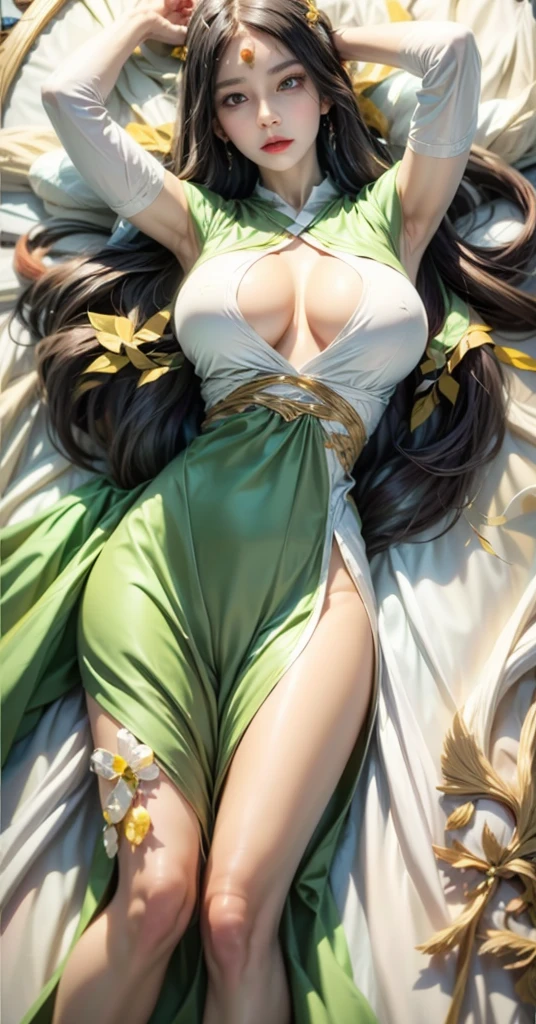 realistic, 1 women, best quality, 12k, HD, long hair, big round breasts, cleavage, ponytail, necklace, jewelry, shorts, short jacket, slim hips, hair tie, yellow eyes, black hair, super detailed, Eye details, hair details, person details, mouth details, face details, breast details, clothes details, hair details, pants details, hand details, whole body