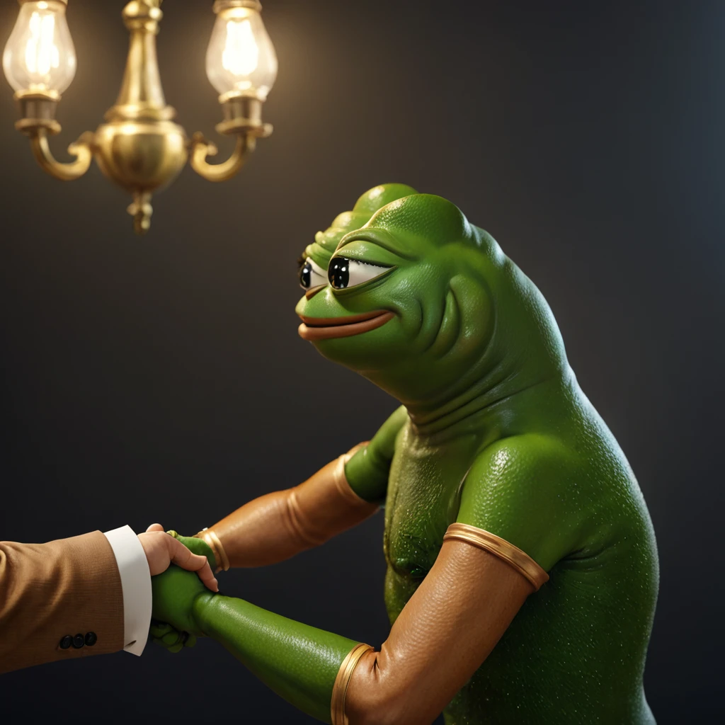 pepe the frog,frog humanoid character,shaking hands,business partner,detailed facial features,highly detailed,photorealistic,8k,hyper detailed,award winning lighting,cinematic lighting,dramatic lighting,incredible hyperrealistic details,exquisite detailed texture,highly realistic,meticulously detailed,sophisticated texturing,natural skin tones,vivid colors,seamlessly blended,award winning3D rendering,professional3D illustration,stunning realism,masterpiece
