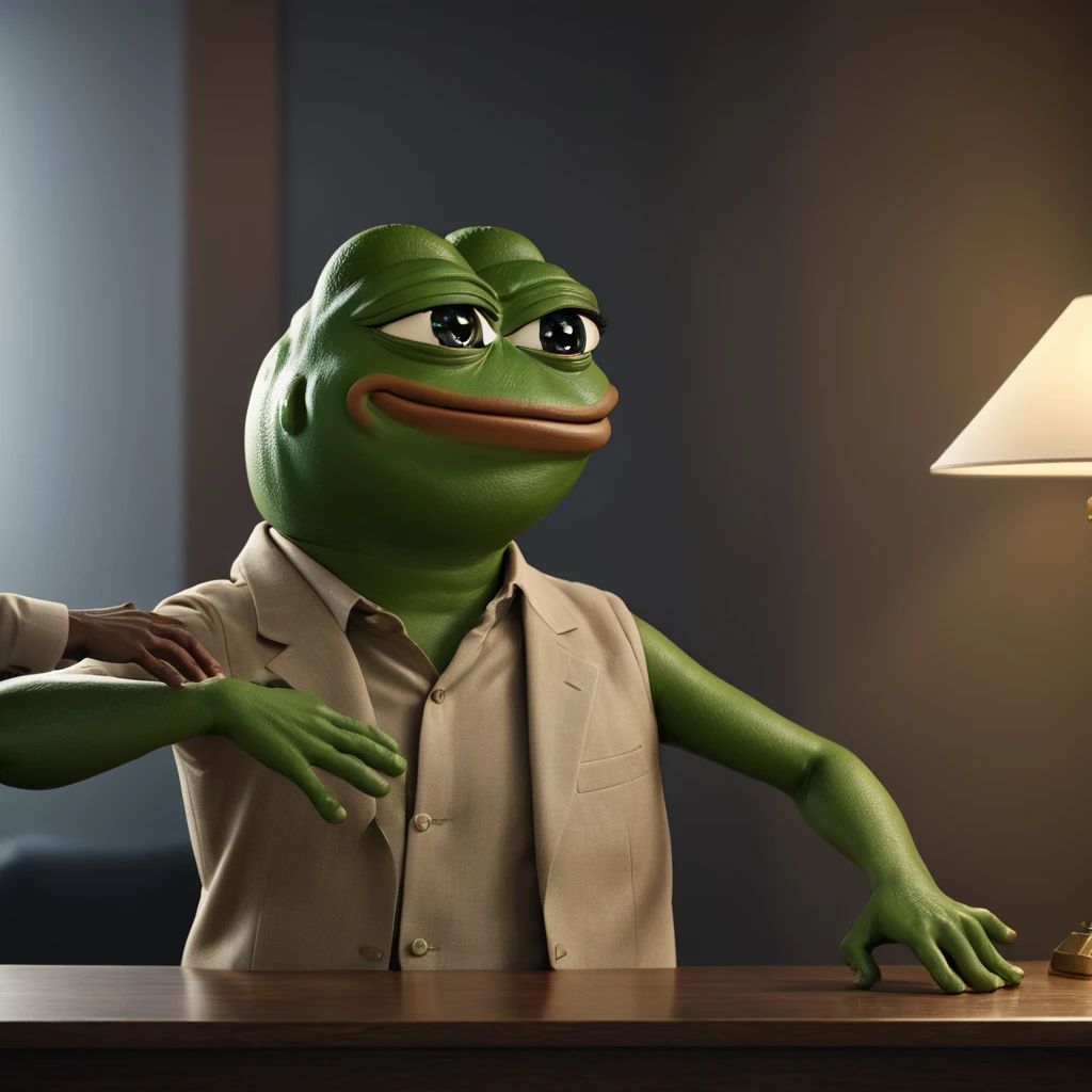 pepe the frog,frog humanoid character,shaking hands,business partner,detailed facial features,highly detailed,photorealistic,8k,hyper detailed,award winning lighting,cinematic lighting,dramatic lighting,incredible hyperrealistic details,exquisite detailed texture,highly realistic,meticulously detailed,sophisticated texturing,natural skin tones,vivid colors,seamlessly blended,award winning3D rendering,professional3D illustration,stunning realism,masterpiece