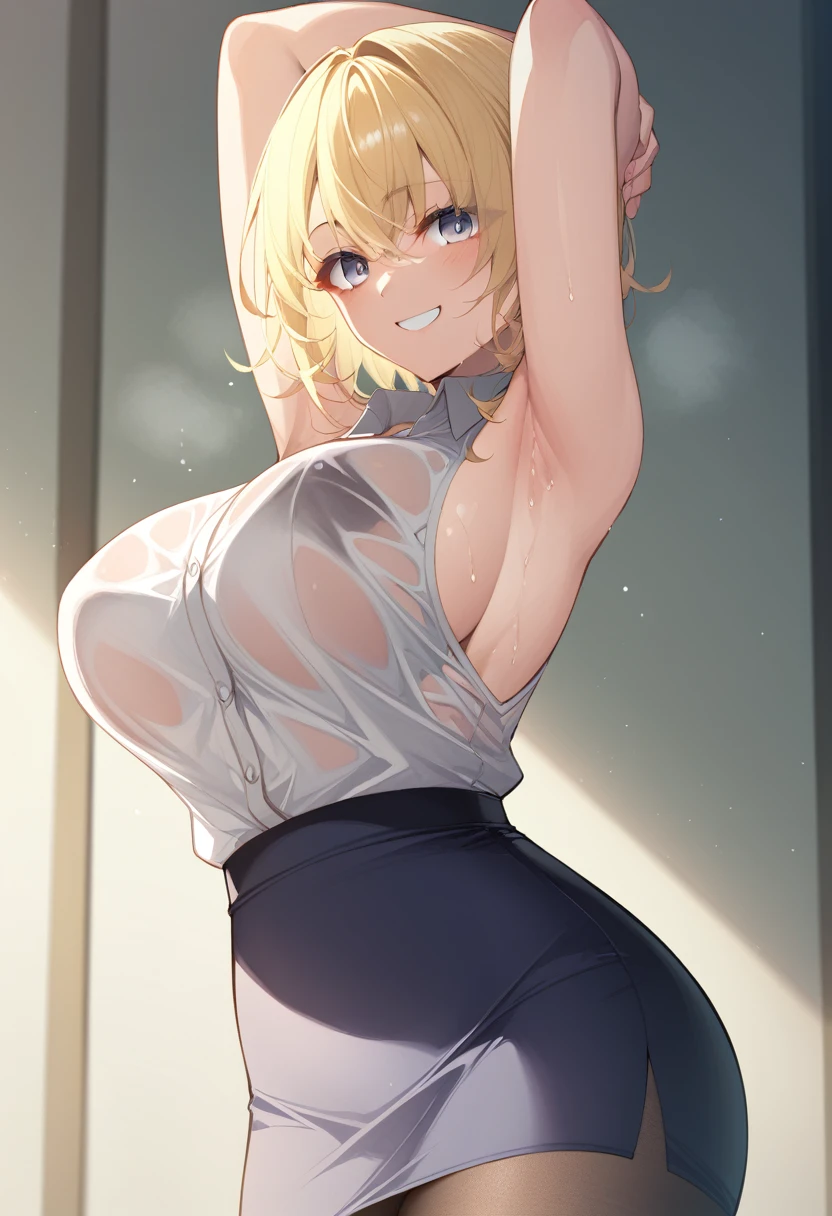 masterpiece)),((Highest quality)),High resolution,Highly detailed CG,Perfect lighting,8k wallpaper、One Woman, alone、Very large breasts、Very large breasts、Sideboob、very thick legs、smile、Blonde,Looking into the camera、Grey Eyes、short hair、ミディアムshort hair、black short pencil skirt、Sleeveless white business shirt、Show your armpits、Raise your arms、black tights、Sweaty、soaked