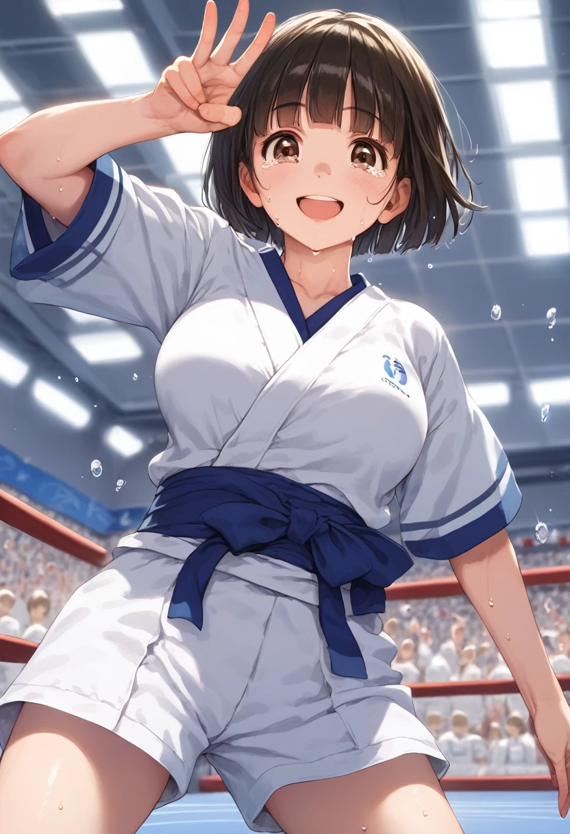 score_9,score_8_up,score_7_up,masterpiece,best quality, source anime, realistic, super detailed, extreme detailed, rating_safe,
1girl, solo, 22yo, short hair, bob cut, (blunt bangs), black hair, (tareme, detailed cute brown eyes), curled eyelashes, (large breasts:0.9), disheveled hair,
shiny hair, beautiful detailed eyes, beautiful face,
female judo, judo wear, (sweat:1.2), victory, happy, smile, tears, waving hand to audience, from below, cowboy shot,
gymnasium, Olympic Games, audience,