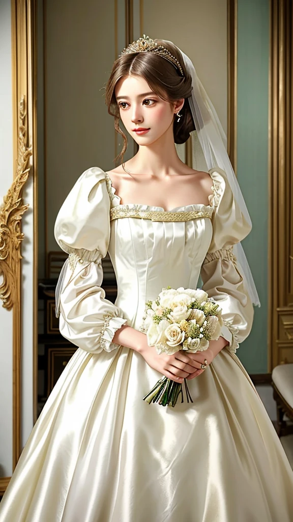 bride in a white dress holding a bouquet of flowers in a room, a photorealistic painting inspired by Franz Xaver Winterhalter, tumblr, rococo, puff sleeves, beautiful and elegant, beautiful detailed elegant, romantic gown, ribbons and flowers, exquisite and beautiful, dressed beautiful gown, very beautiful and elegant, voluminous sleeves, in romantic style, with flowers