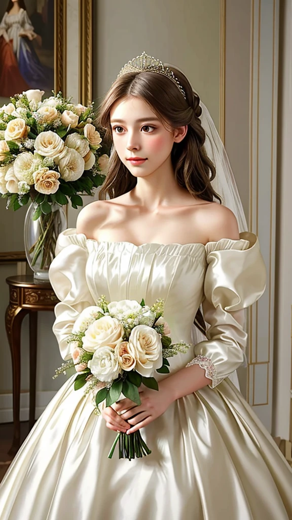 bride in a white dress holding a bouquet of flowers in a room, a photorealistic painting inspired by Franz Xaver Winterhalter, tumblr, rococo, puff sleeves, beautiful and elegant, beautiful detailed elegant, romantic gown, ribbons and flowers, exquisite and beautiful, dressed beautiful gown, very beautiful and elegant, voluminous sleeves, in romantic style, with flowers