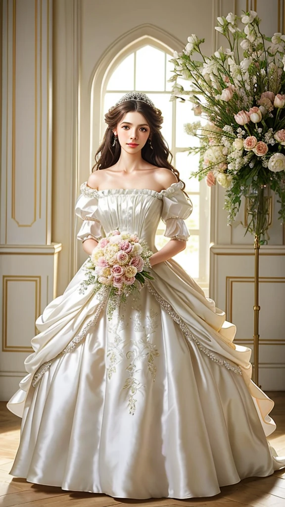 bride in a white dress holding a bouquet of flowers in a room, a photorealistic painting inspired by Franz Xaver Winterhalter, tumblr, rococo, puff sleeves, beautiful and elegant, beautiful detailed elegant, romantic gown, ribbons and flowers, exquisite and beautiful, dressed beautiful gown, very beautiful and elegant, voluminous sleeves, in romantic style, with flowers