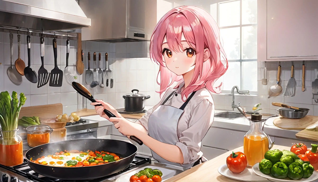 (Highest quality), Girl preparing food in kitchen with vegetables and frying pan,Pink Hair