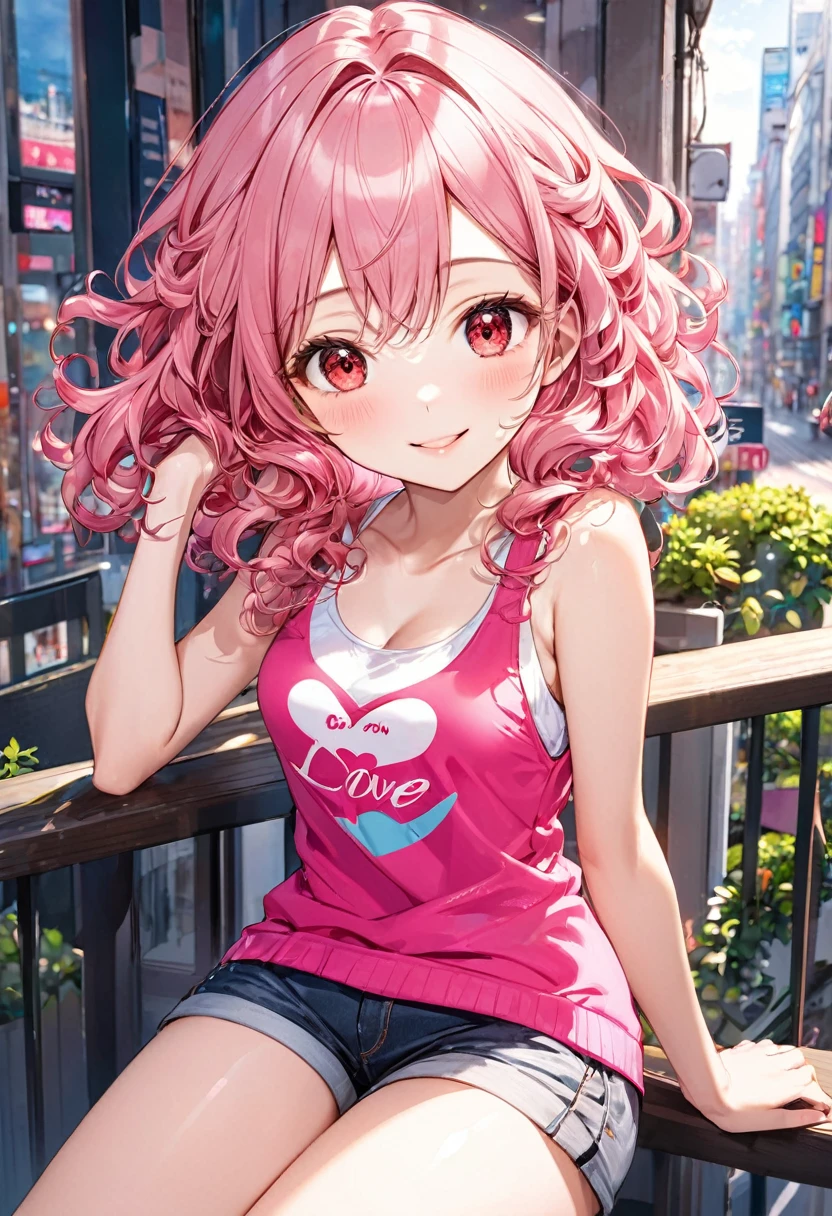 (pink style) (in a cute Tank top, Hot pants), (solo:2, 15 yo, curly:1.3 pink hair long hair lovely girl, cute red eyes, love smile), in the pop city, BREAK, perfect anatomy, masterpiece, best quality, 16k, beautiful detailed grow, daydreaming expression.
