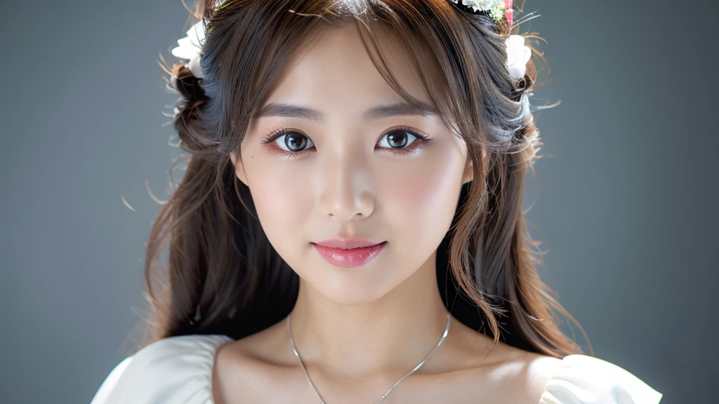 (Detailed face),vivid,cute,(My chest is hidden)White formal dress,4K,Ultra-high resolution,(Photorealistic:1.7)Gray background,Long Hair,