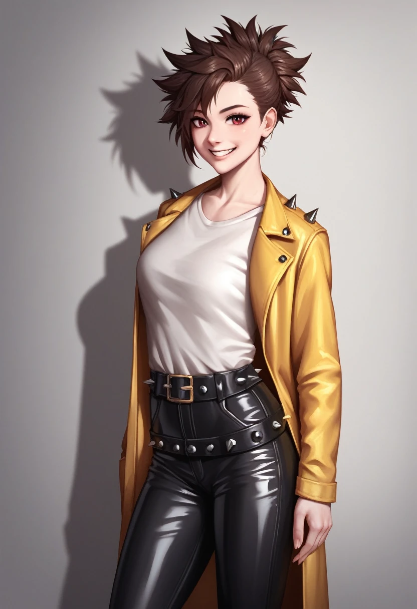 ((adult)), (woman), ((tall)), masterpiece, best quality, dark aura, brown hair, ((updo hair)), (((messy spiked hair))) ,dark red eyes, plain white shirt, Yellow coat, black pants, ((leather waist pack)), (faint smile), realistic anime style, oil painting, slums background, night.