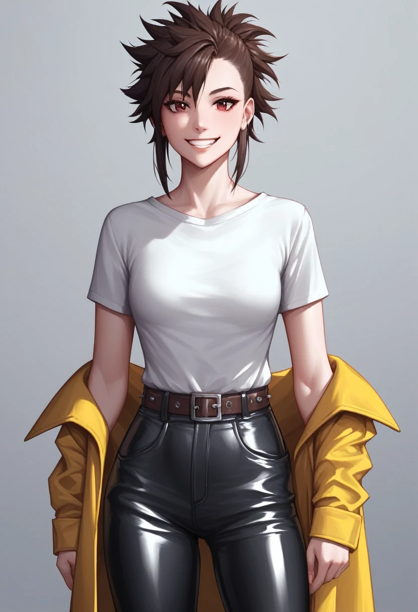 ((adult)), (woman), ((tall)), masterpiece, best quality, dark aura, brown hair, ((updo hair)), (((messy spiked hair))) ,dark red eyes, plain white shirt, Yellow coat, black pants, ((leather waist pack)), (faint smile), realistic anime style, oil painting, slums background, night.
